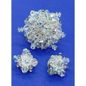 Vintage Brooch Earrings AB Prism Clear Faceted & Rhinestone Head Pins 50s Glam